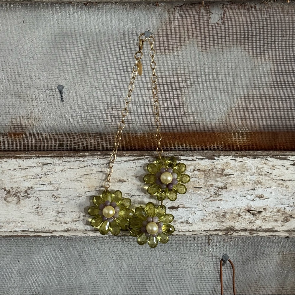 J. Crew Olive Green Floral Pearl-Accent Necklace with Gold Chain